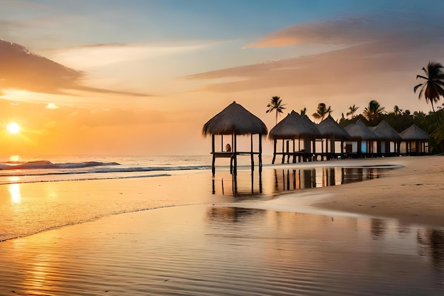 Een strand bij zonsondergang met een hut op de voorgrond