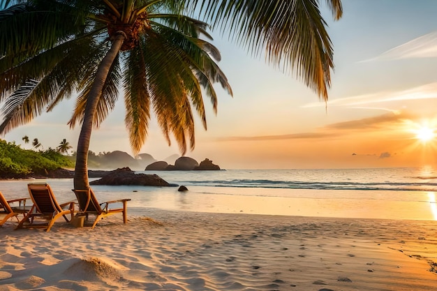 Een strand bij zonsondergang met een palmboom en een stoel op het strand