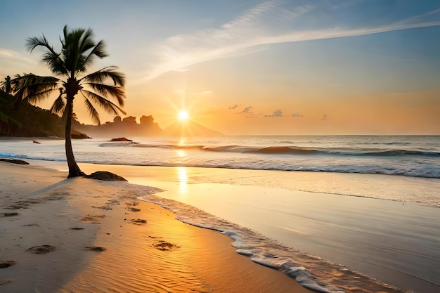 Een strand bij zonsondergang met een palmboom op de voorgrond en daarachter de ondergaande zon.