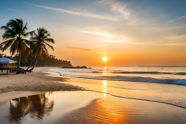 Een strand bij zonsondergang met een palmboom op de voorgrond