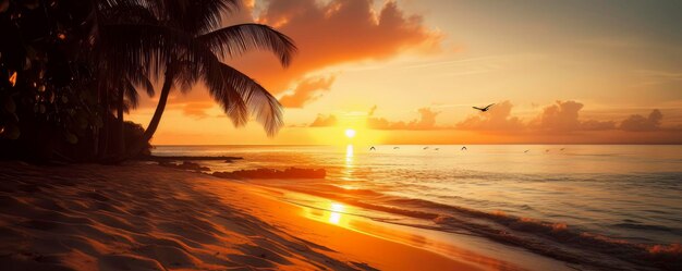 Foto een strand bij zonsondergang met een palmboom op de voorgrond.