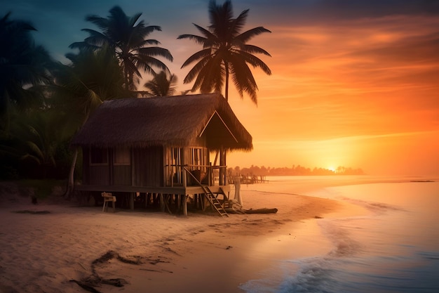 Een strand bij zonsondergang met een strandhut en palmbomen