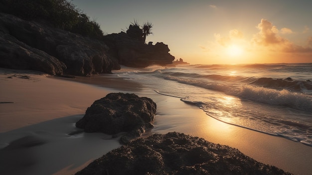 Een strand bij zonsondergang met een zonsondergang op de achtergrond