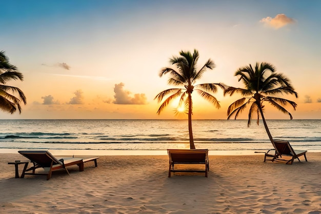 Een strand bij zonsondergang met palmbomen en een zonsondergang op de achtergrond