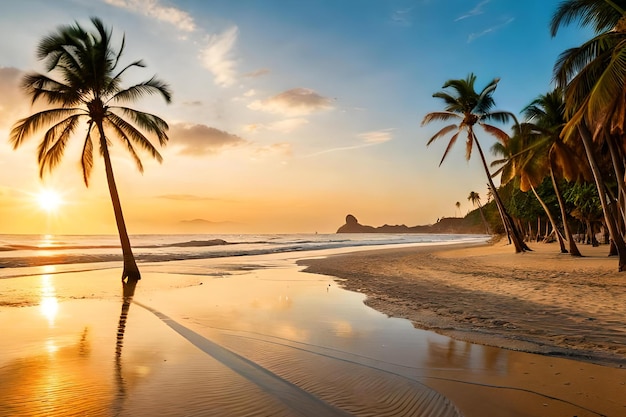 Een strand bij zonsondergang met palmbomen en een zonsondergang op de achtergrond