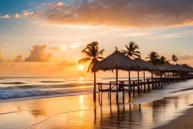 Een strand bij zonsondergang met palmbomen en een zonsondergang op de achtergrond