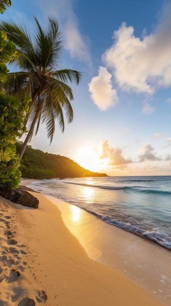 Een strand bij zonsondergang met palmbomen en een zonsondergang op de achtergrond.