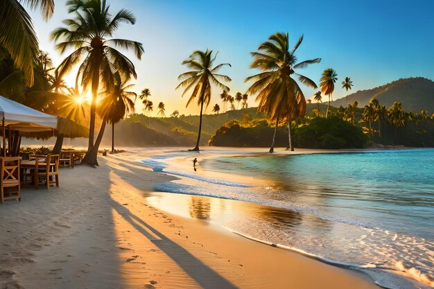 Een strand bij zonsondergang met palmbomen en ondergaande zon