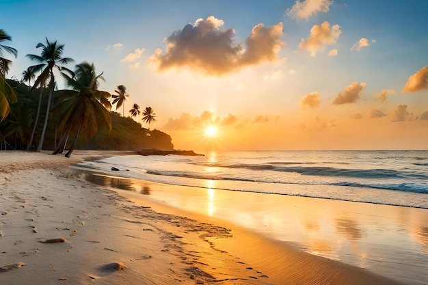 Een strand bij zonsondergang met palmbomen op de voorgrond en een zonsondergang op de achtergrond.