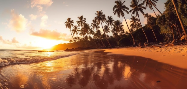 Een strand bij zonsondergang met palmbomen op de voorgrond