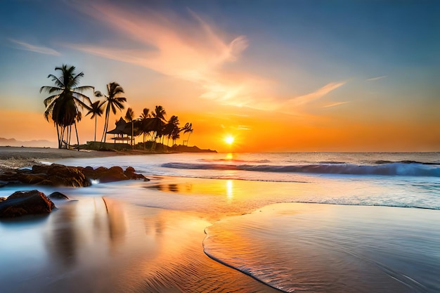 Een strand bij zonsondergang met palmbomen op de voorgrond