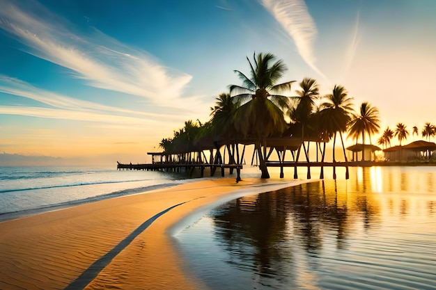 Een strand bij zonsondergang met palmbomen op de voorgrond