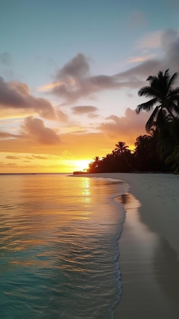 Een strand bij zonsondergang met palmbomen op de voorgrond