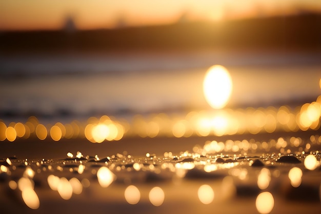 Foto een strand in een zonsondergang bokeh achtergrond