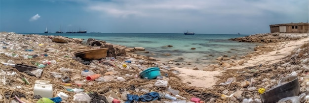 Een strand met afval en een blauwe emmer erop