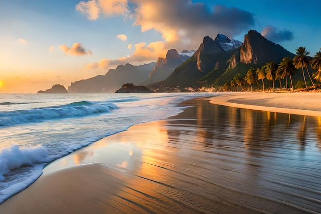 Een strand met bergen op de achtergrond