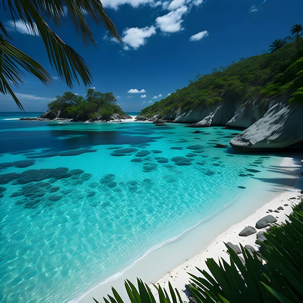 Een strand met blauw water en palmbomen