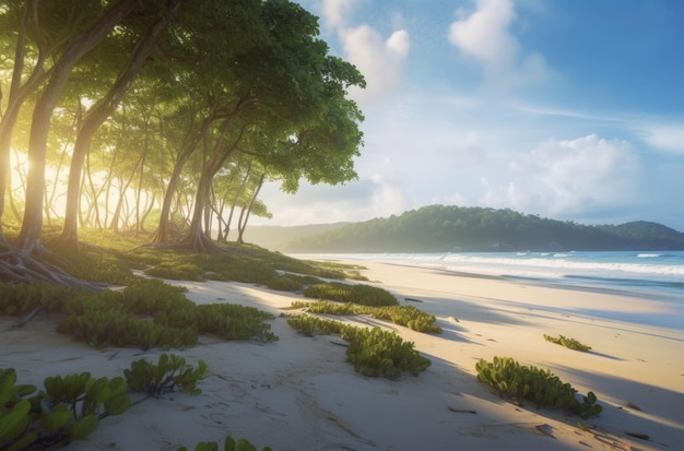 Een strand met bomen en de zon die door de bomen schijnt