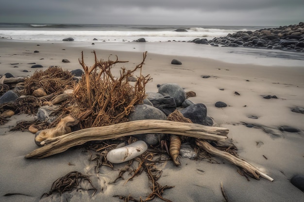 Een strand met drijfhout en rotsen erop