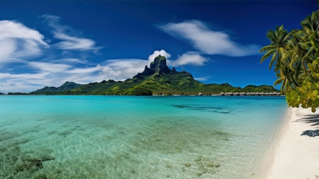 Een strand met een berg op de achtergrond