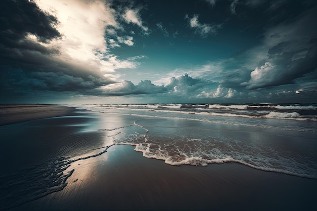 Een strand met een bewolkte lucht en de zee