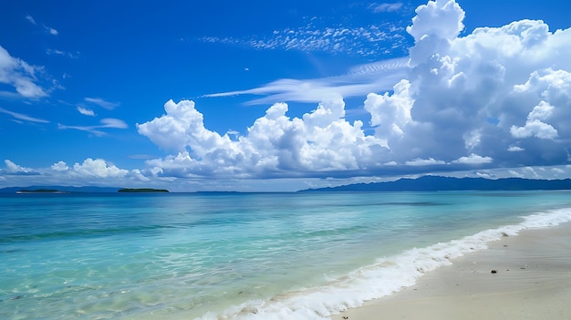 een strand met een blauwe hemel en witte wolken