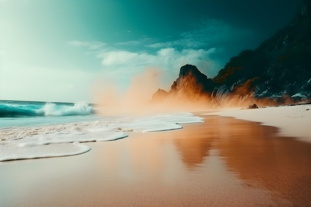 Een strand met een blauwe lucht en golven