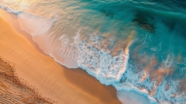 Een strand met een blauwe oceaan en een strand met een brekende golf.