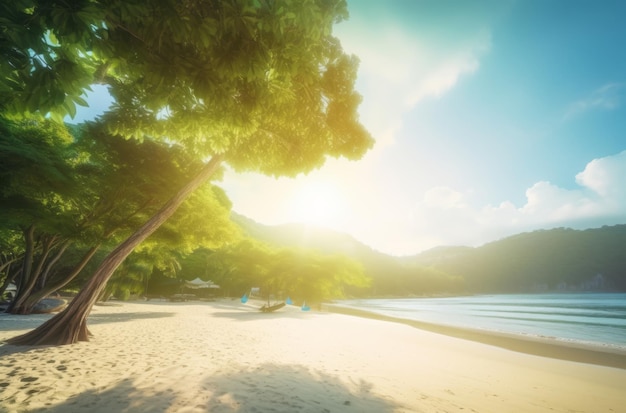 Een strand met een boom erop en de zon die door de bomen schijnt