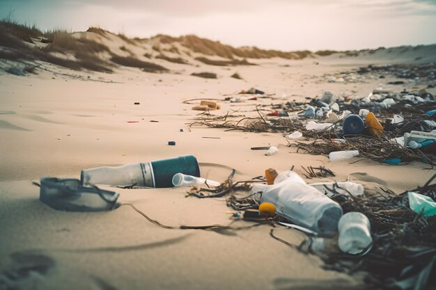 Een strand met een fles en ander afval erop