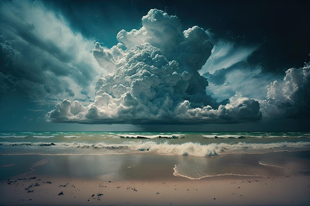 Een strand met een grote wolk in de lucht