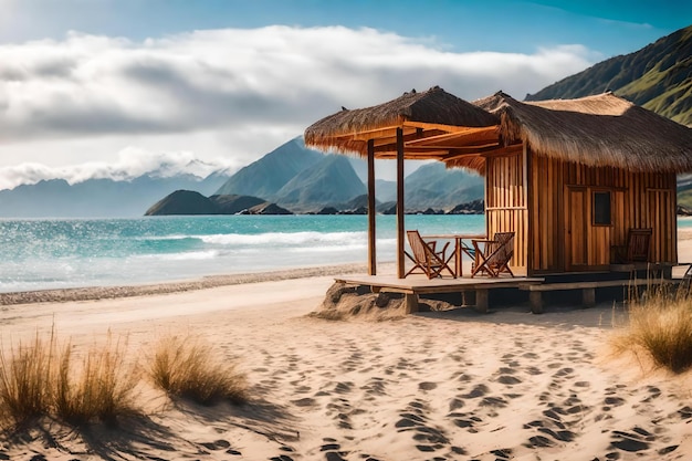een strand met een hut erop en bergen in de achtergrond