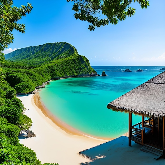 Een strand met een hut erop en een berg op de achtergrond