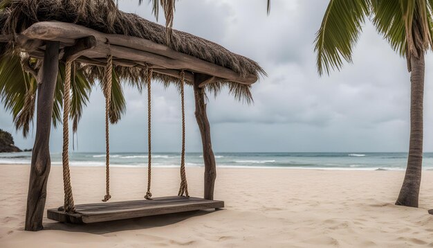 een strand met een hut met een palmboom erop