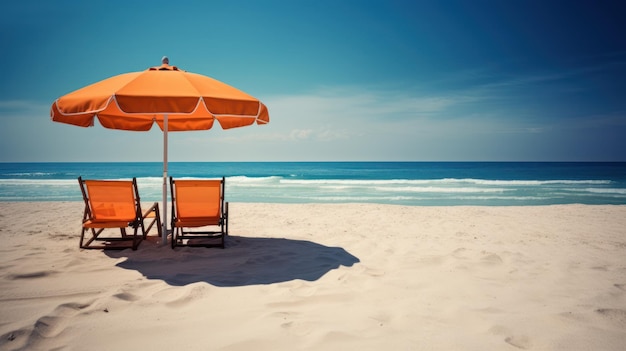 Een strand met een oranje parasol en stoelen erop