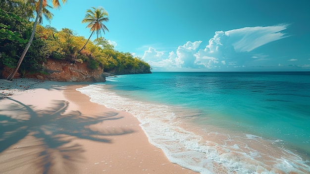 een strand met een palmboom en de oceaan op de achtergrond