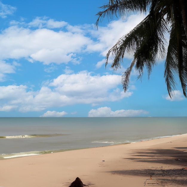 Een strand met een palmboom en de oceaan op de achtergrond