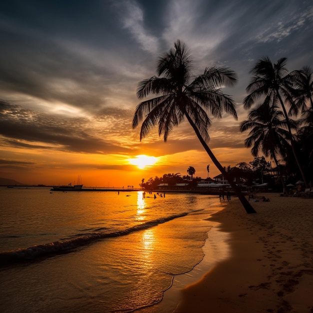 Een strand met een palmboom en de zonsondergang