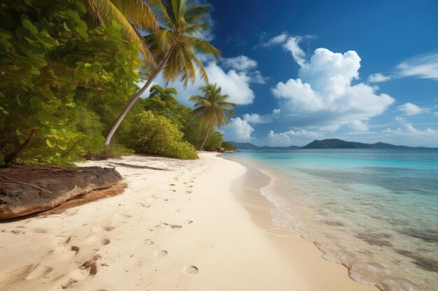 Een strand met een palmboom en een blauwe lucht