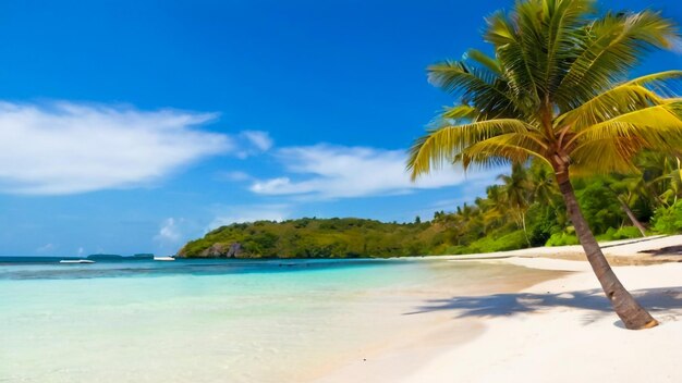 een strand met een palmboom en een stoel op het strand
