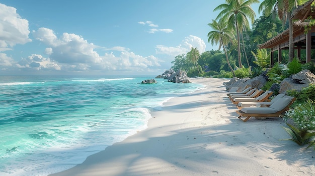 een strand met een palmboom en een strandstoel