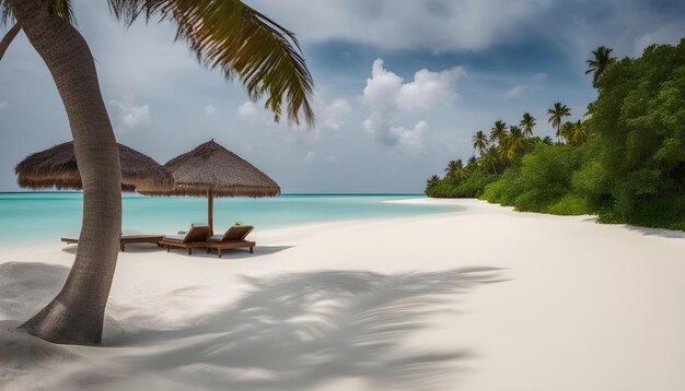 een strand met een palmboom en stoelen op het zand