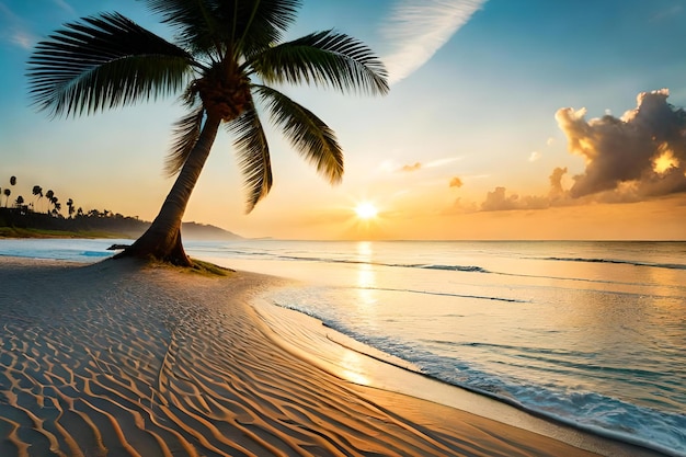 Een strand met een palmboom op het zand