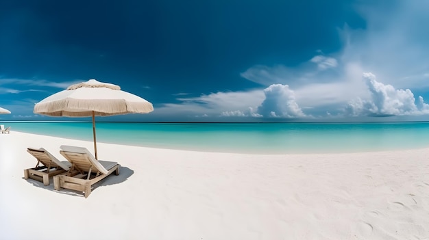 Een strand met een parasol en een parasol