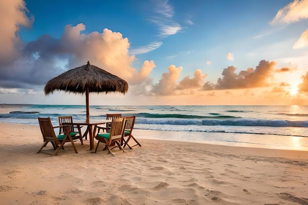 Een strand met een parasol en stoelen met een zonsondergang op de achtergrond