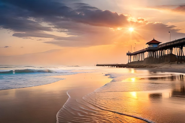 Een strand met een pier en een zonsondergang