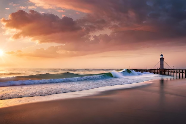 Een strand met een pier op de achtergrond