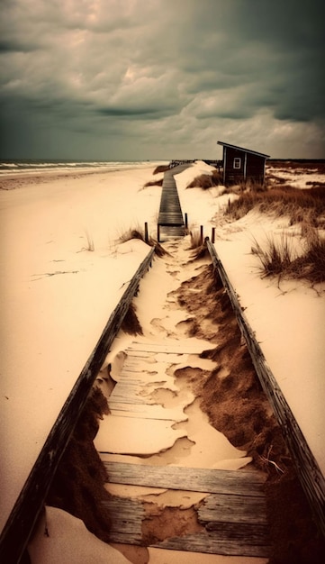 Een strand met een promenade en een bord waarop staat dat het strand bedekt is met zand.