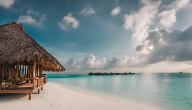 een strand met een rieten hut op het strand