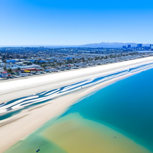 Een strand met een stad op de achtergrond